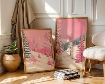 Pink Winter Forest Print: Retro Snowy Mountain Landscape (Digital Download)