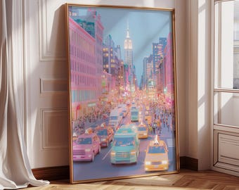 May include: A framed art print depicting a vibrant cityscape with pink and orange buildings, yellow taxis, and the Empire State Building. The artwork has a soft, pastel color palette and a golden frame, creating a dreamy atmosphere.