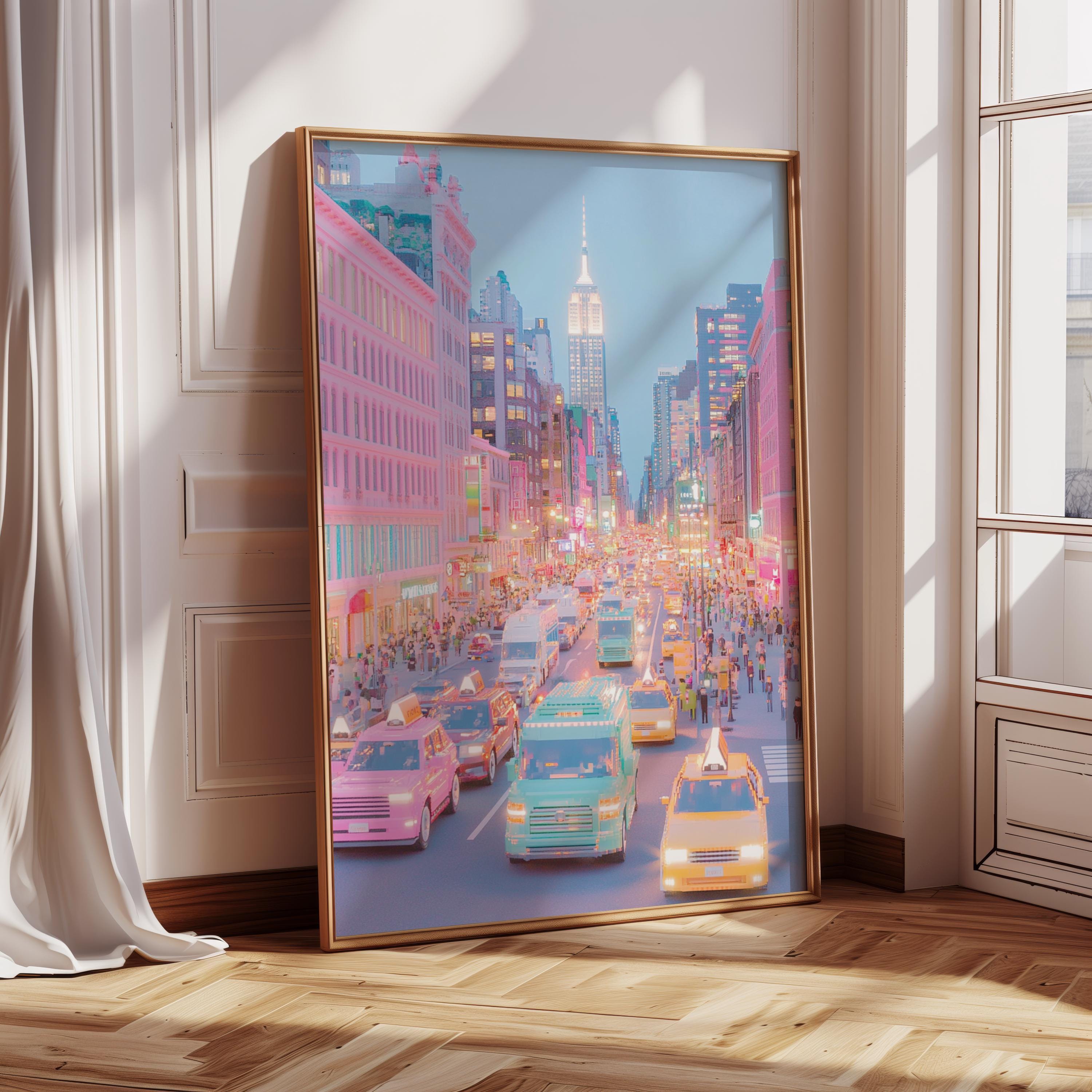 New York City Print NYC Spielzeugfigur Szene Poster Pastell NYC Poster Spiel Wandkunst Trendy New York City Dekor New York Wand-Dekor rosa Wandkunst