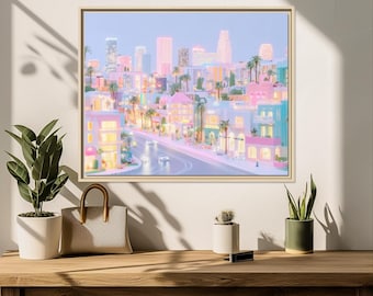 Obraz na płótnie w ramie z Los Angeles, pastelowy wydruk z panoramą Los Angeles, marzycielski pejzaż Kalifornii, obraz na płótnie z różowym zachodem słońca