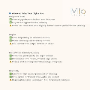 May include: A cream-colored graphic with the text "Where to Print Your Digital Art" and a list of printing services: Walgreens Photo, Staples, FedEx Office, and Shutterfly. The Mio Studio logo is in the upper right corner.