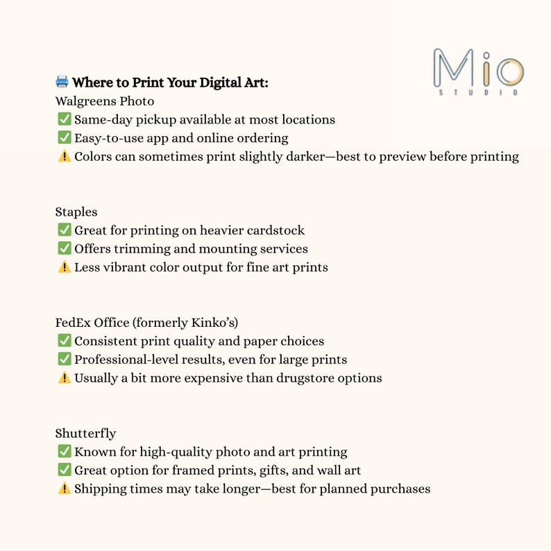 May include: A cream-colored graphic with the text "Where to Print Your Digital Art" and a list of printing services: Walgreens Photo, Staples, FedEx Office, and Shutterfly. The Mio Studio logo is in the upper right corner.