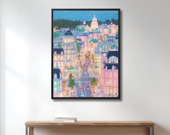Obraz ścienny na płótnie z Waszyngtonem, pastelowy wydruk z panoramą Kapitolu, kolorowa dekoracja z panoramą miasta, płótno w ramie, nowoczesna sztuka ścienna z podróżami