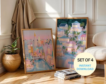 Set of 4 Pastel Thailand City Prints, Tropical Bangkok Travel Poster (Digital Download)