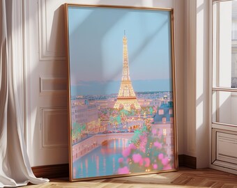 Paris Eiffel Tower Print: Romantic Pastel Sunset Cityscape (Digital Download)