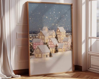 Cozy Christmas Village Art Print: Sparkling Nordic Winter Scene (Digital Download)