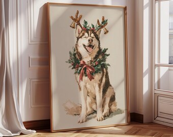 Festive Reindeer Husky Art Print, Holiday Dog Lover Gift (Digital Download)
