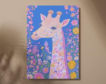 Floral Giraffe Matte Poster | Vertical Nursery Wall Art, Pink Blue Botanical Print