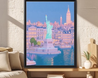 Obraz na płótnie ze Statuą Wolności, sztuka ścienna z Nowego Jorku, wydruk na płótnie z panoramą Nowego Jorku, wystrój Manhattanu, grafika z Liberty Island, prezent podróżny