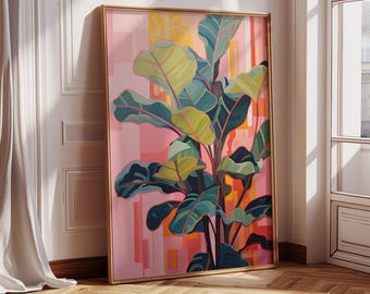 Fig Tree Wall Art, Botanical Decor, Pink Plant Print, Nature Wall Art, Living Room Decor, Digital Download