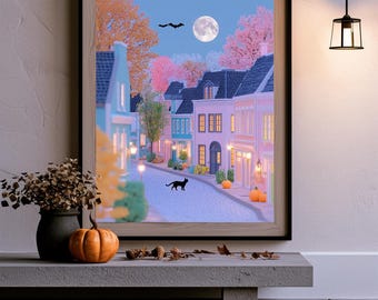 Halloween Village Wall Art Print | Cozy Autumn Street Poster | Pumpkin Fall Decor | Moonlit Neighborhood Art | Halloween Home Decor