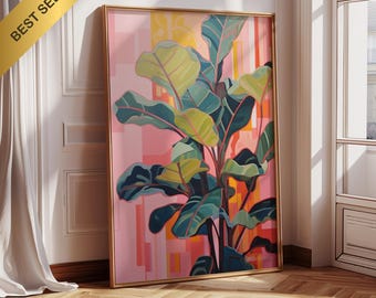 Fiddle Leaf Fig Wall Art Poster, Modern Botanical Print, Colorful Plant Wall Decor, Pink Green Abstract Art, Living Room Apartment Decor