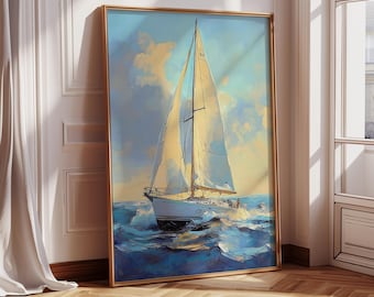 Sailboat Wall Art Printable, Coastal Nautical Decor, Ocean Sailing Painting, Beach House Wall Art, Mediterranean Sea Art, Summer Coastal