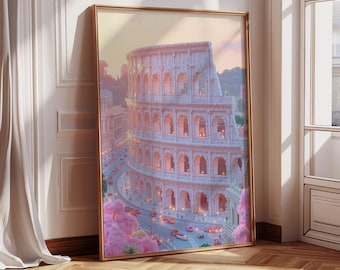 Rzymska sztuka ścienna, wydruk Koloseum, plakat z podróży do Włoch, pejzaż miejski Rzymu do druku, pastelowe dekoracje europejskie, pobieranie cyfrowe
