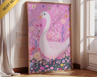 Cuadro infantil con diseño floral rosa y osito caprichoso, decoración para la habitación de una niña (descarga digital)