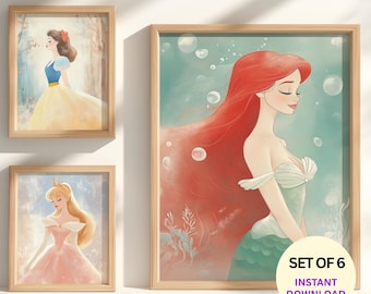 Pastel Princess Wall Art Set of 6 Printable | Girls Room Decor | Fairytale Nursery Prints | Pink Blue Gallery Wall | Instant Download