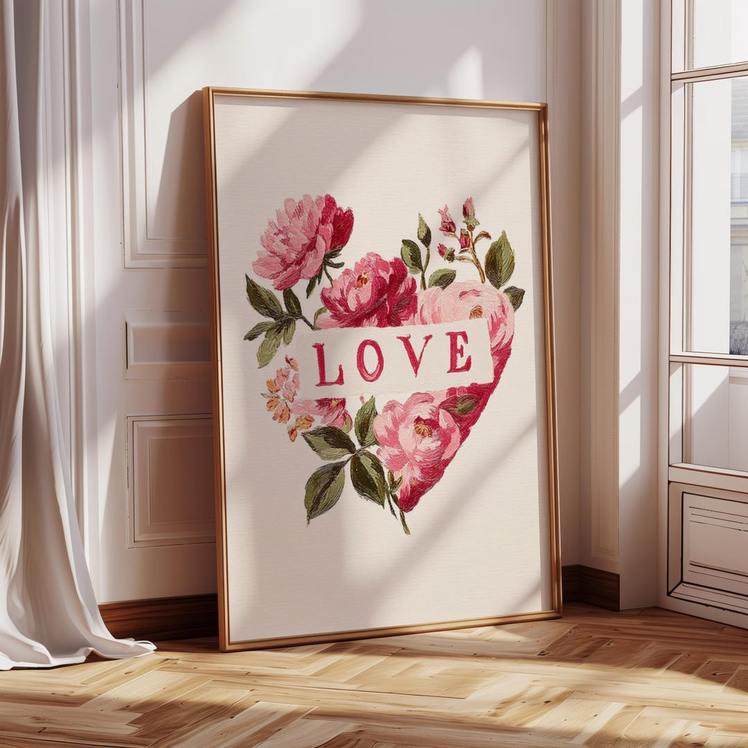 Floral Heart Valentine Wall Art Printable, Romantic Flower Love Decor ...