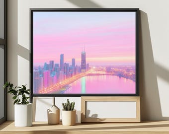 Obraz na płótnie z panoramą Chicago, wydruk na płótnie z różowym pejzażem miejskim, marzycielski wystrój zachodu słońca w Chicago, pastelowy obraz na ścianę z panoramą, wystrój mieszkania