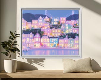 Obraz ścienny na płótnie w ramie San Francisco, wydruk na płótnie z panoramą miasta Pastel Bay, dekoracja z marzycielską panoramą Kalifornii