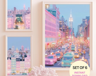 City Wall Art Set of 6 Printable | NYC Paris Waikiki Posters | Pastel Travel Gallery Wall | Aesthetic City Prints | Instant Download Decor
