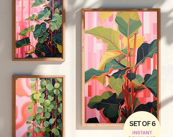 Zestaw 6 botanicznych grafik ściennych, galeria ścienna z roślinami tropikalnymi, abstrakcyjna sztuka liści w kolorze różowo-zielonym, nowoczesna dekoracja boho do druku, pobieranie cyfrowe