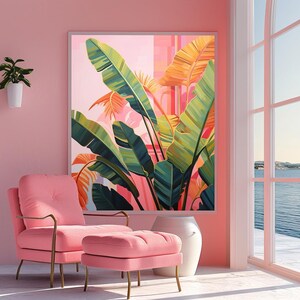 May include: A pink room with a large framed botanical print featuring green and yellow leaves. A pink armchair and ottoman sit in front of the print. A white vase and a small potted plant are also in the room. A large window overlooks the ocean.