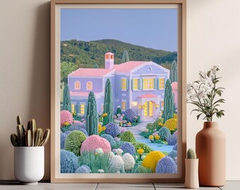 Pastel Mediterranean Villa Wall Art, Dreamy Coastal House Print, Whimsical Luxury Home Decor, Cottagecore Villa Poster, European Garden Art