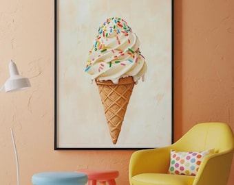 Ice Cream Wall Art Poster, Cute Dessert Print, Vanilla Sprinkle Cone Art, Kitchen Wall Decor, Pastel Food Poster, Coffee Bar Decor