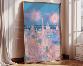 Washington DC Fireworks Wall Art Poster | Patriotic Capitol Building Print | Fourth of July Decor | Washington Monument Artwork | Americana