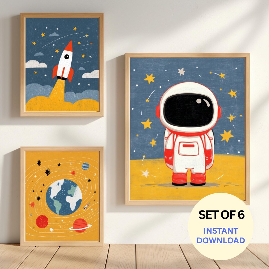 Space Nursery Wall Art Set of 6 | Rocket & Astronaut Prints | Kids ...