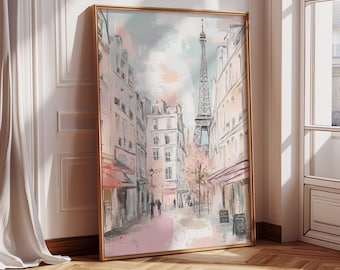 Lámina decorativa de la Torre Eiffel para pared, decoración de escena callejera francesa, arte mural con estética parisina, póster de paisaje urbano en tonos pastel, decoración romántica para el hogar.