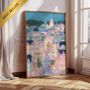 Può includere: Una stampa artistica incorniciata raffigurante un vivace paesaggio urbano notturno. L'opera presenta edifici dai colori pastello, illuminati da lampioni e stelle. Uno striscione dorato nell'angolo in alto a sinistra recita "BEST SELLER".