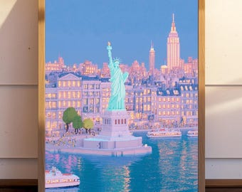 Statue of Liberty Wall Art, NYC Poster, New York Skyline Print, Pastel Cityscape Art, Manhattan Travel Decor, Liberty Island Poster