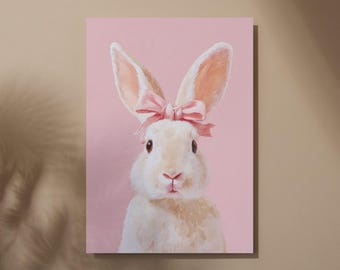 Pink Bow Bunny Matte Vertical Poster | Whimsical Nursery Illustration