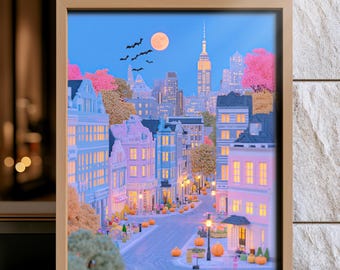 Halloween NYC Wall Art Digital Download | New York City Printable | Empire State Building Halloween Decor | Autumn Manhattan Art