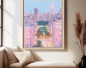 New York City Wall Art, Pink NYC Skyline Print, Dreamy Cityscape Decor, Aesthetic Apartment Wall Art