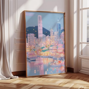 Hong Kong Night Print: Pastell Skyline Reise Kunst (Digitaler Download