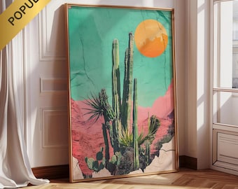 Sztuka ścienna z kaktusami, wystrój boho pustyni, dekoracja ścienna w stylu południowo-zachodnim, kolorowy nadruk roślinny, sztuka do salonu, pobieranie cyfrowe