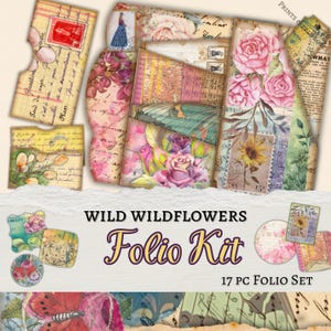 Watercolor Wildflowers Junk Journal Kit - Vintage Floral Ephemera for Scrapbooking - Printable Folio Design - Watercolor Digital Collage