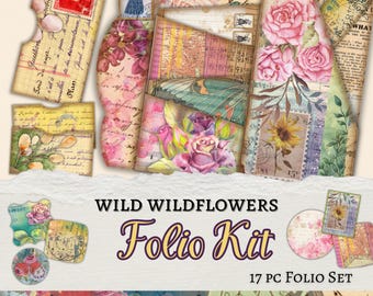 Akvarell vildblommig skräpjournal – Vintage blommig efemera (digital nedladdning)