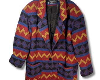 KARIZMA VTG 70s 80s 90s USA Wool Aztec Navajo Blanket Jacket Southwestern Coat 10 Large L Concho Tribal Western Texas Arizona Union Made
