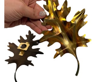 Vintage Metal Oak Leaf Wall Hangings Set of 2 Brass Copper Tone MCM Mid Century