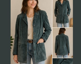 VTG Dennis Basso Teal Blue Genuine Suede Leather Blazer Jacket Large L Pockets