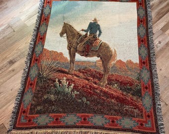 Vintage Jack Terry Cowboy Horse Western Aztec Tapestry Throw Blanket Southwest