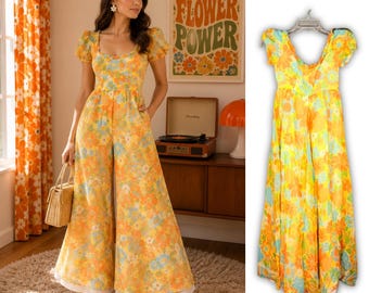 Vintage Retro 60s 70s Floral Wide Leg Jumpsuit Orange Yellow Psychedelic Palazzo