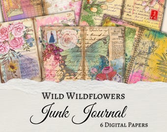 May include: Six digital papers featuring vintage style scrapbook paper with floral designs, butterflies, and handwritten text. The papers are perfect for crafting, journaling, and scrapbooking.