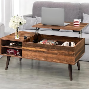 Wooden Lift Top Coffee Table With Hidden Compartments, Rustic Living Room Table, Wood Coffee Table, Farmhouse Tabletop