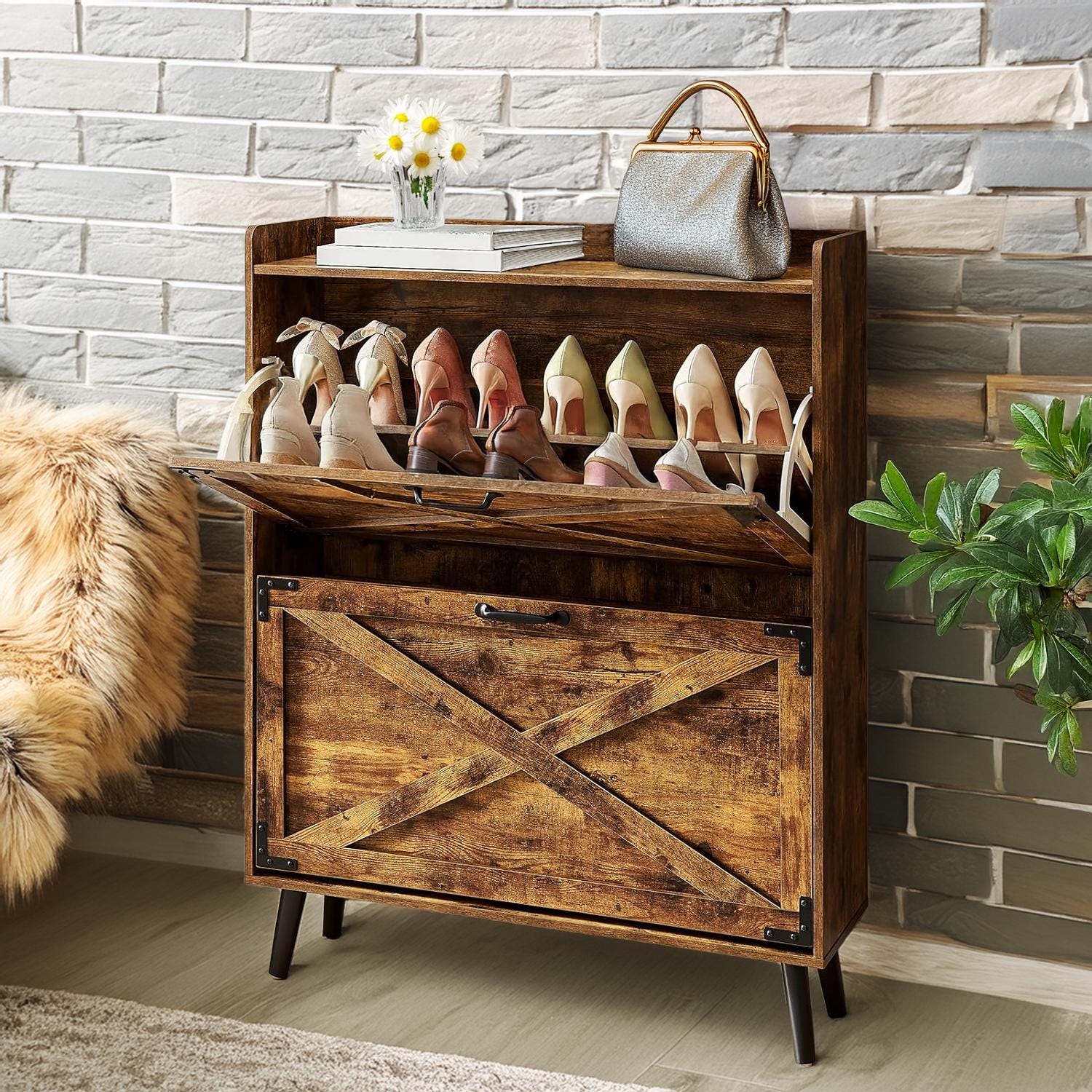 Rustic Shoe Cabinet Storage For Entryway, Wooden Shoe Organizer, Hidden Shoe Cabinet For Entryway, Entryway Furniture