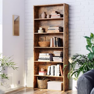 70 Inch Industrial Bookshelf, 6 Tier Rustic Storage Organizer, Wood Book Stand, Living Room Furniture, Home Decor Furniture