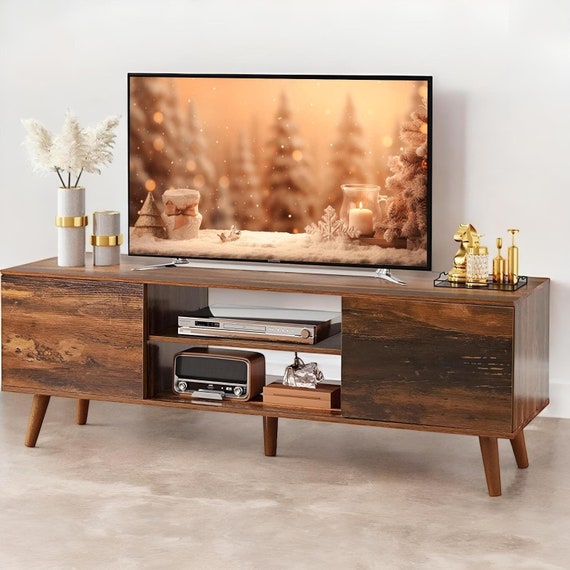 Modern TV Stand for 55-60 Inch TVs | Mid Century Brown Entertainment Center with Storage | Wooden TV Stand | Stylish Living Room Furniture